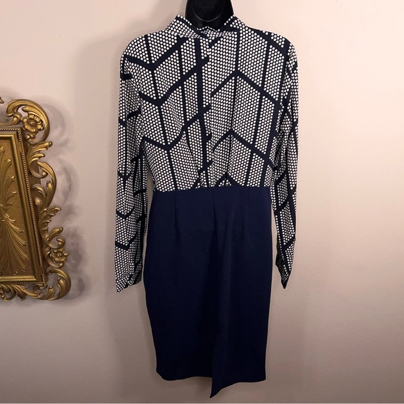 Size 6 Blue White Long Sleeve Dress Dot Print Bow Neckline Accent Zip Closure - Picture 7 of 16